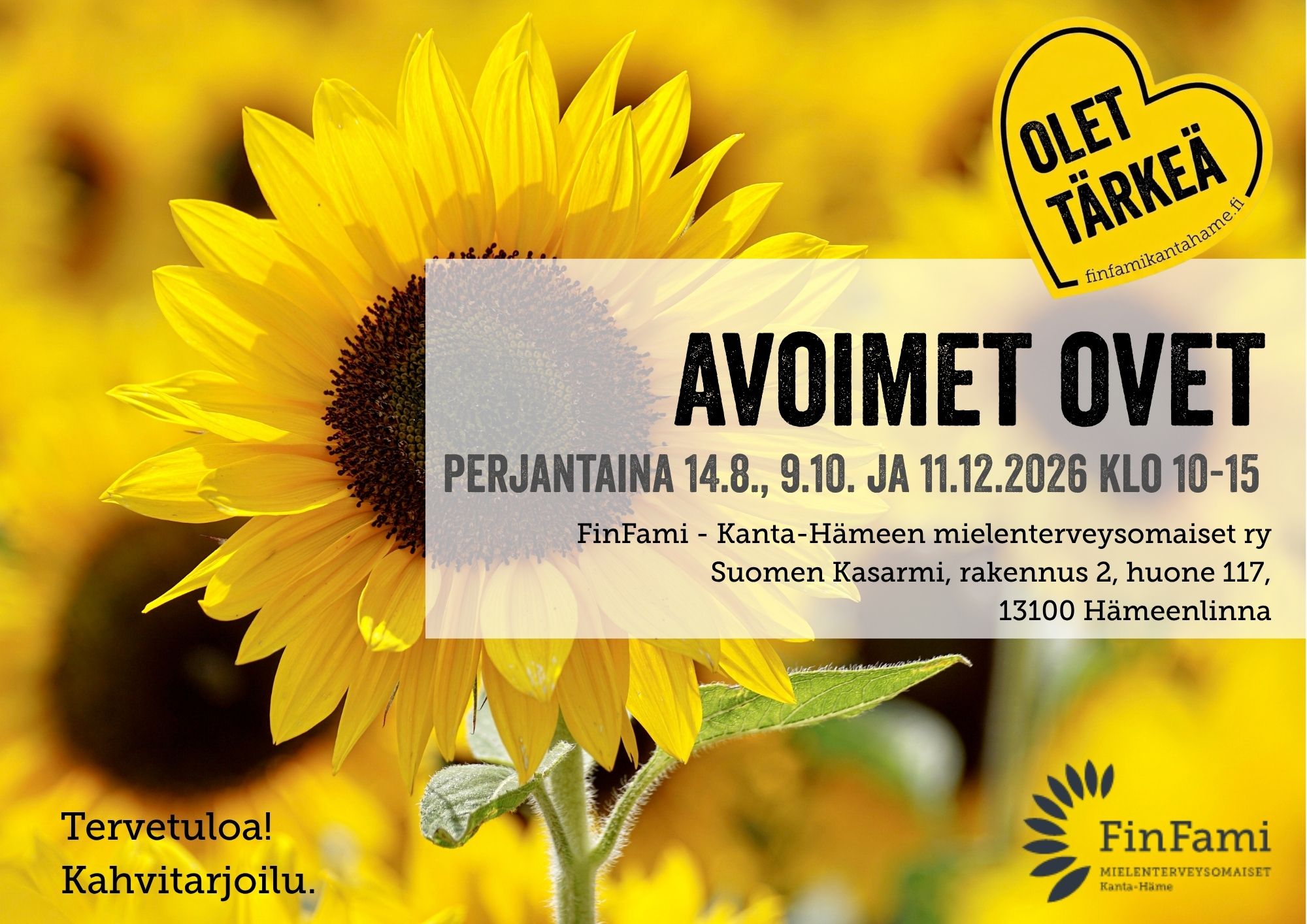kuvassa tiedot syksyn 2026 avoimista ovista, taustalla auringonkukkia.